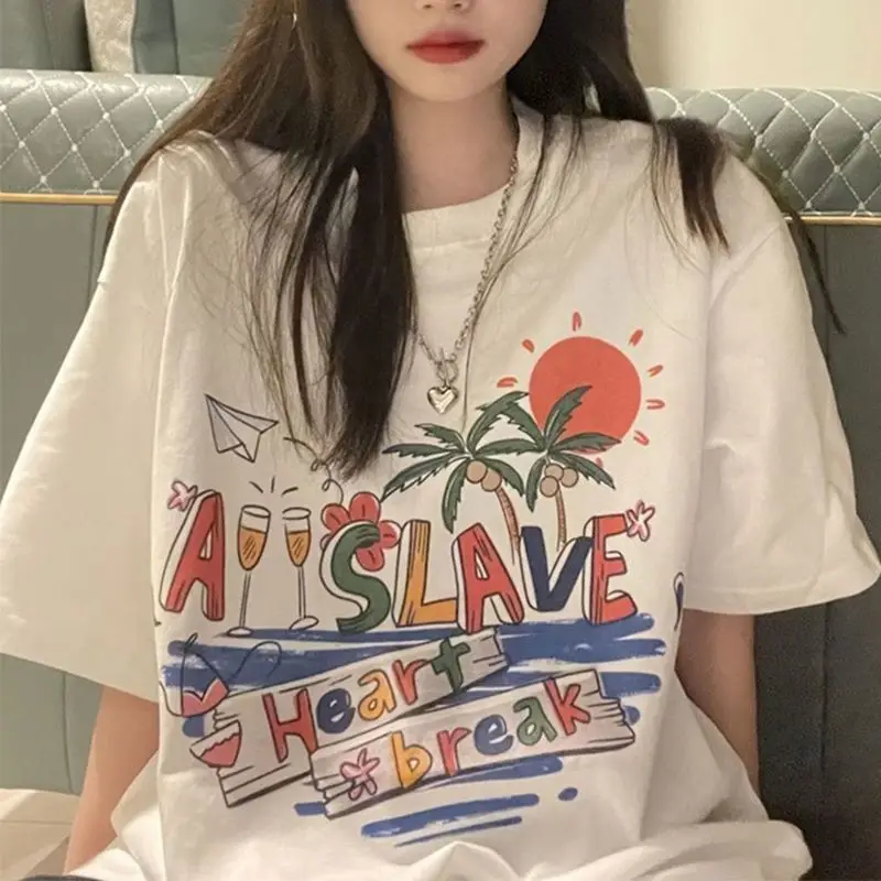 

American Retro T-shirt Women Fashion Thin Loose Basics Natural Scenery Print Korean Solid O-neck Oversize Tops