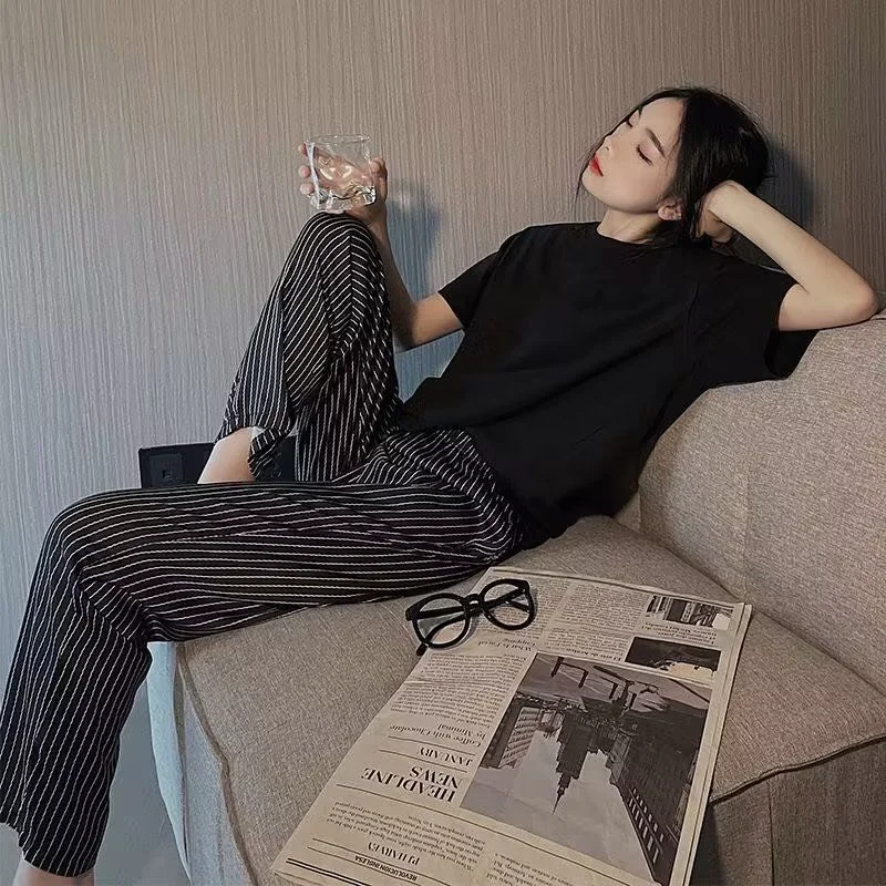 Pajama Sets Women Striped Basics Age-reducing Creativity Popular Leisure Ladies All-match Simple Korean Style Students Lovely