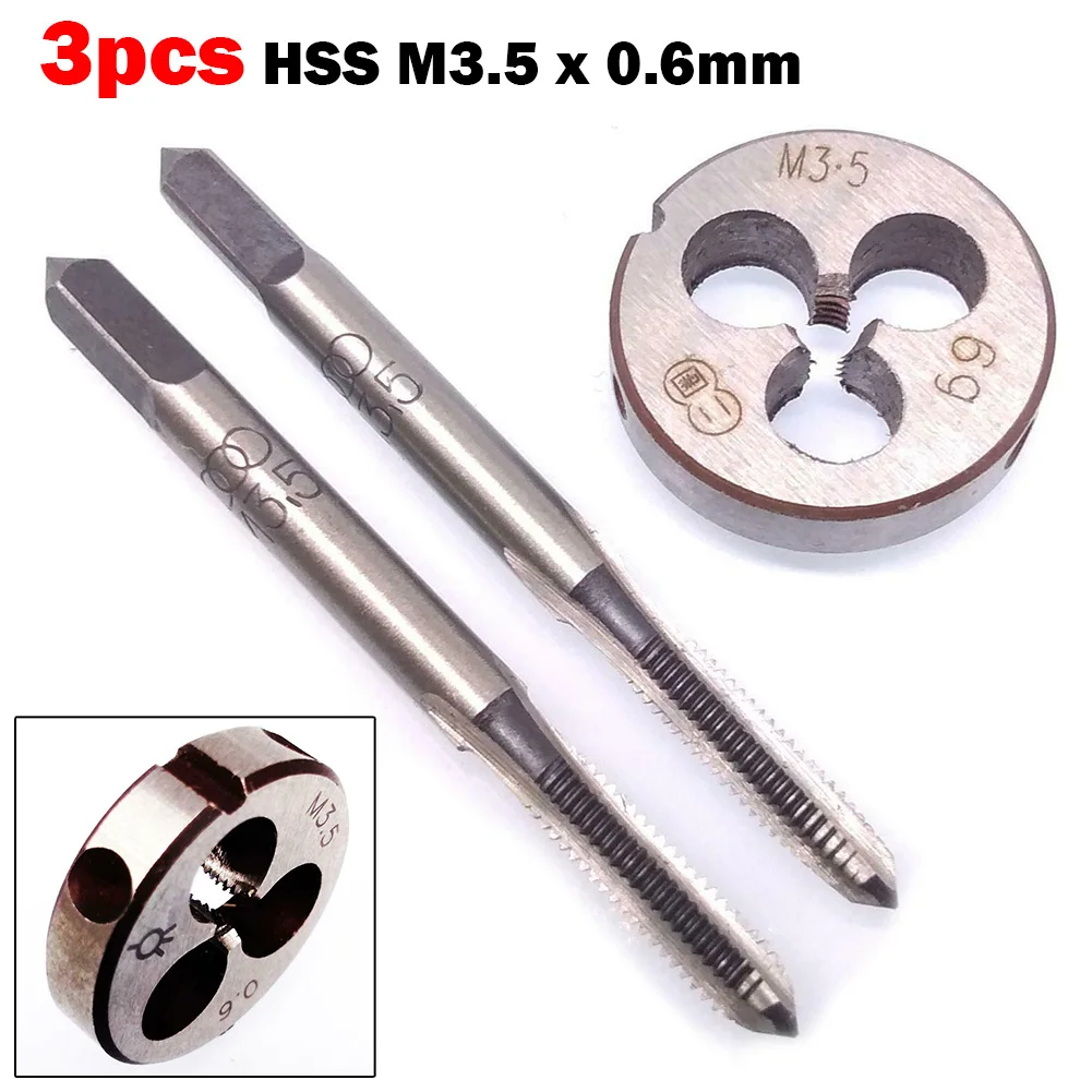 3pcs/set HSS For M3.5 X 0.6mm Taper&  Tap& For M3.5 X 0.6mm Die Metric Thread Right Hand Metric Thread Right Hand