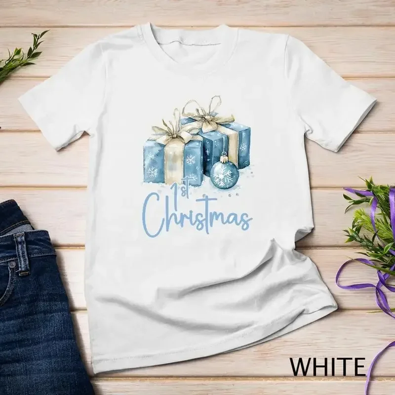 Baby s First Christmas Blue Gifts Funny Christmas Shirt Unisex T shirt