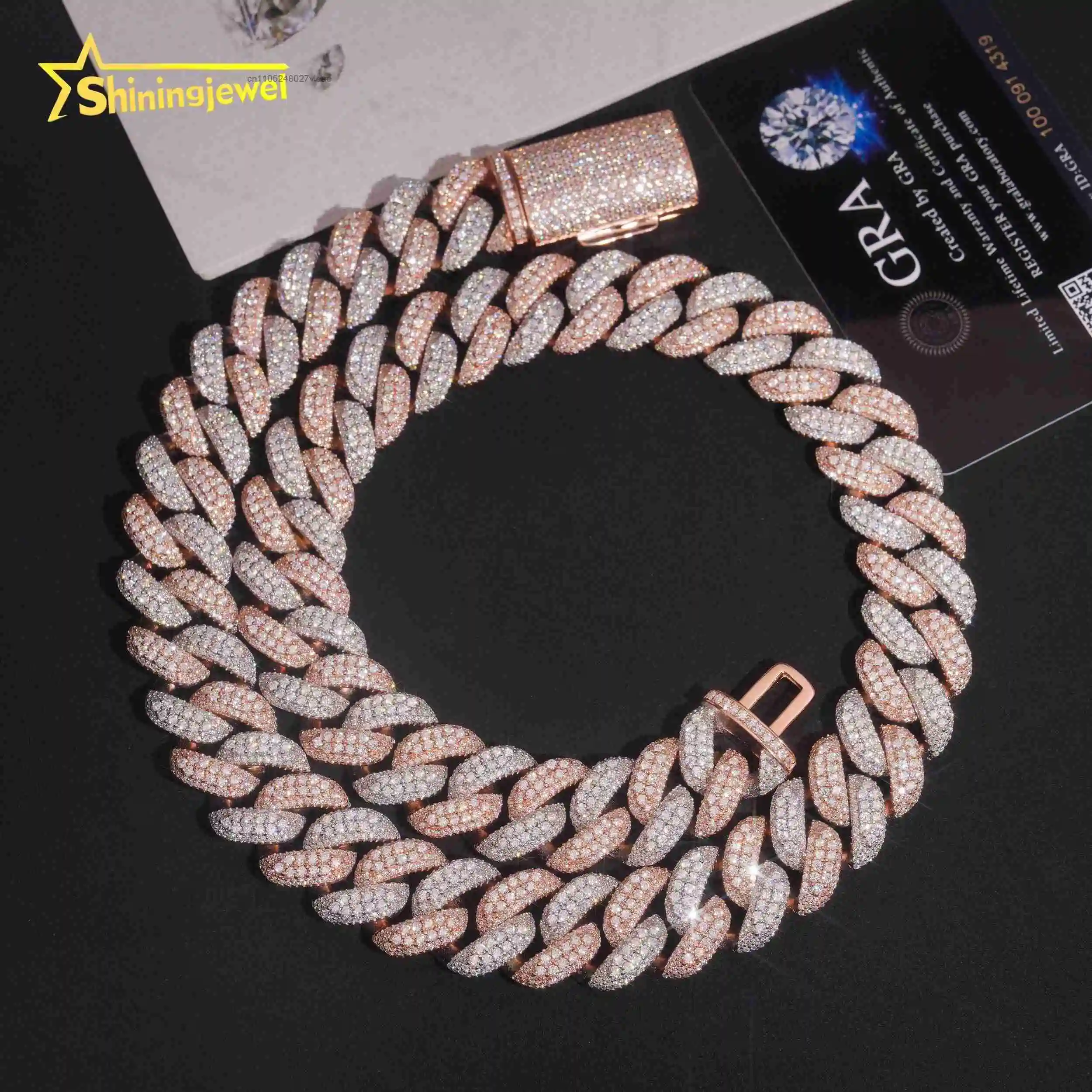 Pass Arrivals New Diamond Tester Hip Hop 18mm Two Tone 925 Silver Moissanite Cuban Link Chain Necklace..