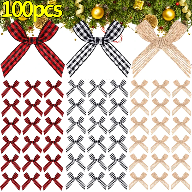 Christmas Burlap Bow Buffalo Plaid Bow White Black Red Checkered Bows and Black Gingham Ribbon Bows Xmas Tree Decor DIY Crafts