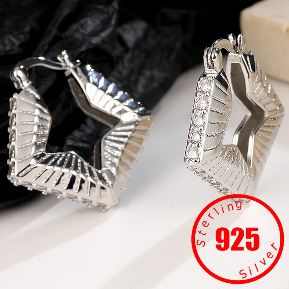 Original Stamp 925 Sterling Silver Gold Large Pentagram Hoop Earrings Luxury Cubic Zirconia Punk Rock Piercing Ear Fine Jewels