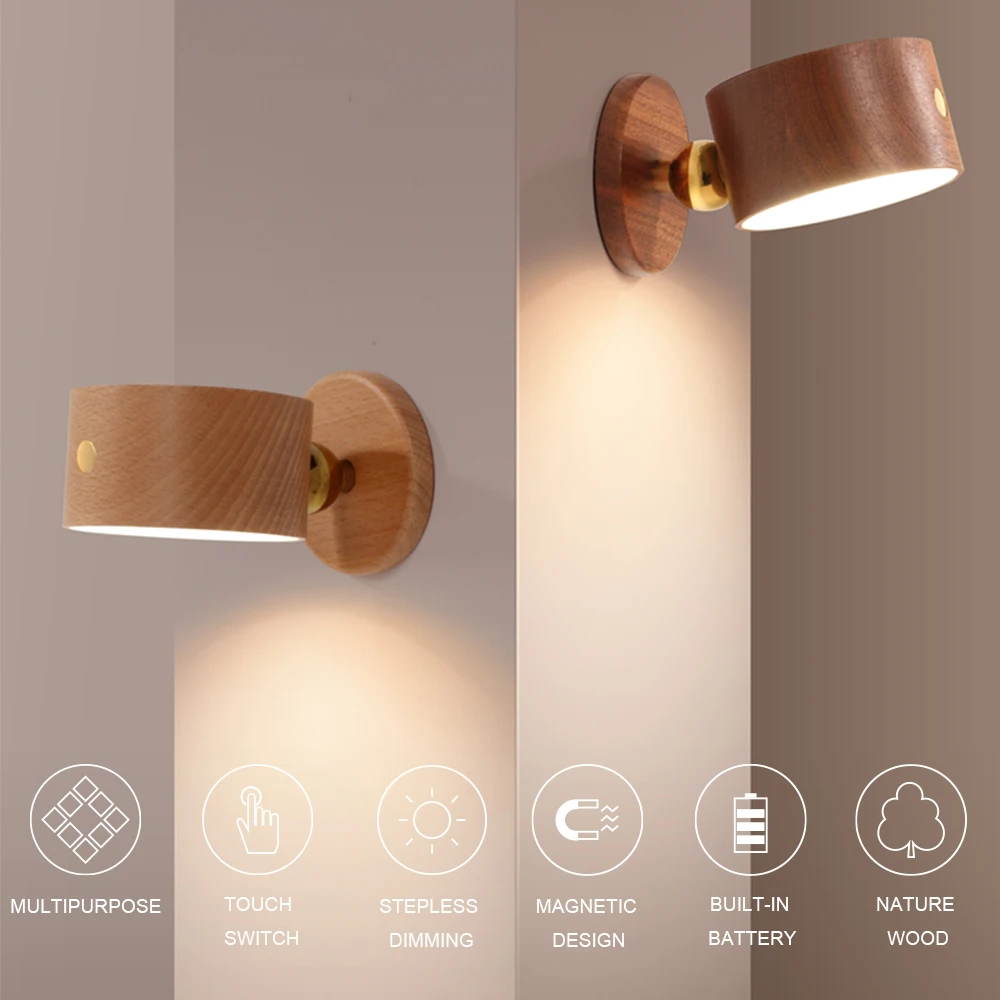 Lampe de chevet magnétique en bois massif, chargement USB, pas de poinçonnage, pas de câblage, détection du corps, applique murale LED