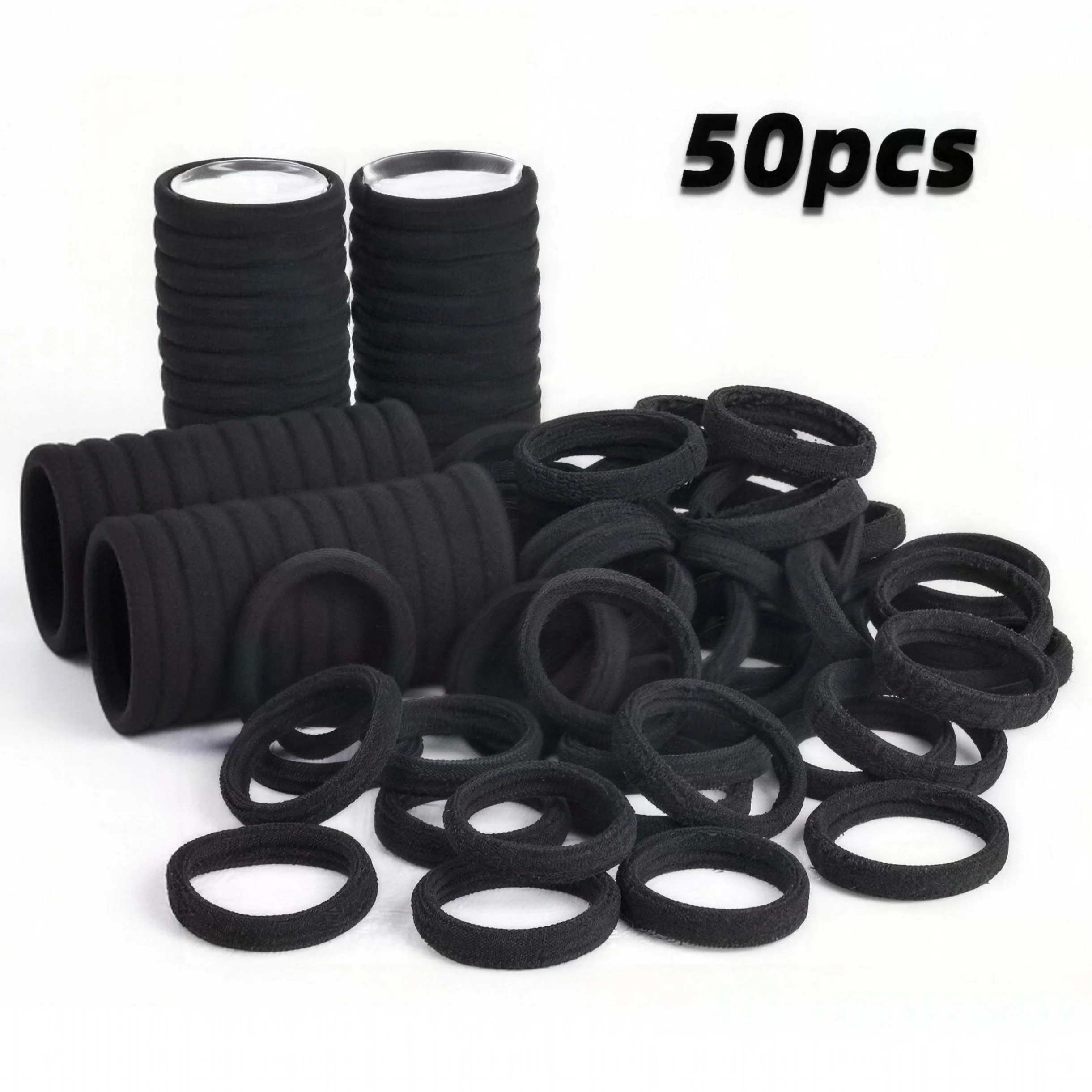 

50PCS Black Hair Ties for Women Girls Seamless Thick Hair Band Elastic Hair Ties No Damage Ponytail Holder for Long Lasting Braids Ponytails and Medium Hair Cotton Elastic Bands Soft Hair Accessories