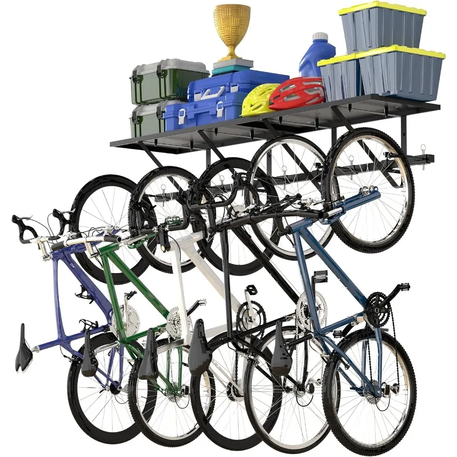 Stojak na rowery z półką, uchwyt ścienny na rowery, stojak do garażu, wieszak na rowery, haczyki do przechowywania rowerów, haczyki rowerowe do garażu, organizacja garażu