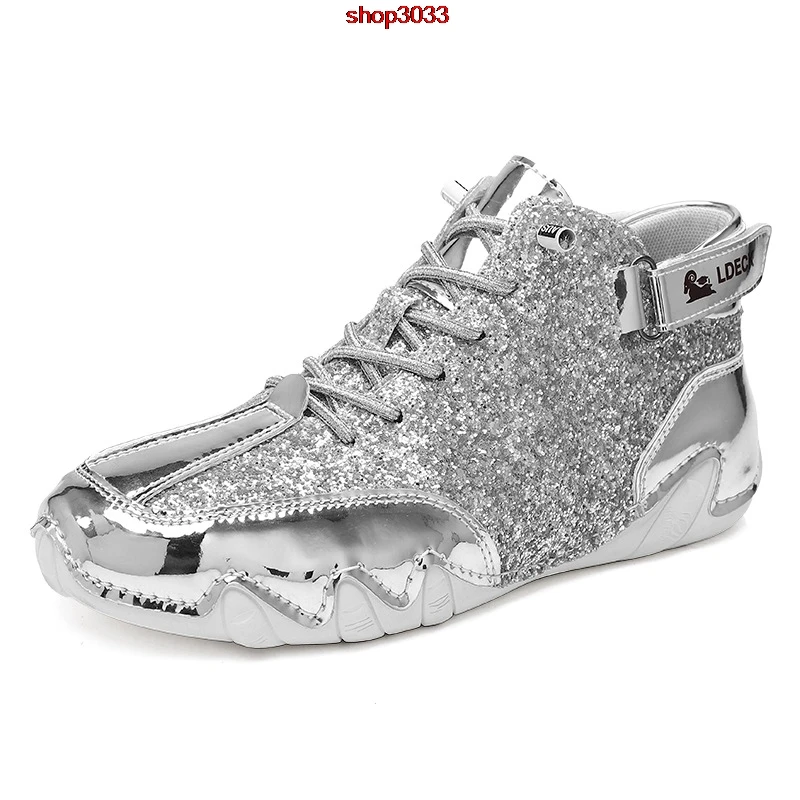Men's Autumn Leather Casual Shoes Sequin Silver Outdoor Boots Autumn High-top Men Boots and Women's Casual Short Boots