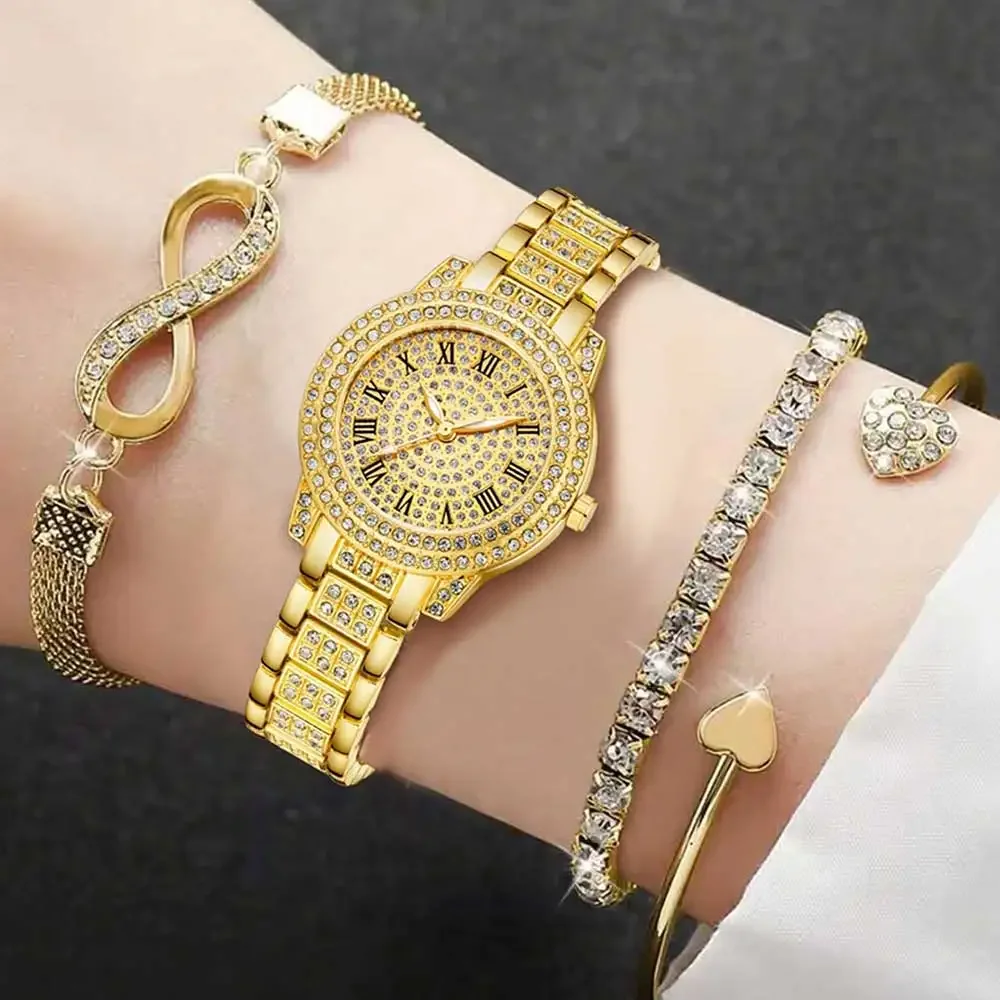 AAAFull Diamond Roman Dial Women's Gold Watch Unlimited Symbol Bracelet Love Bracelet Three Piece Set Accessories