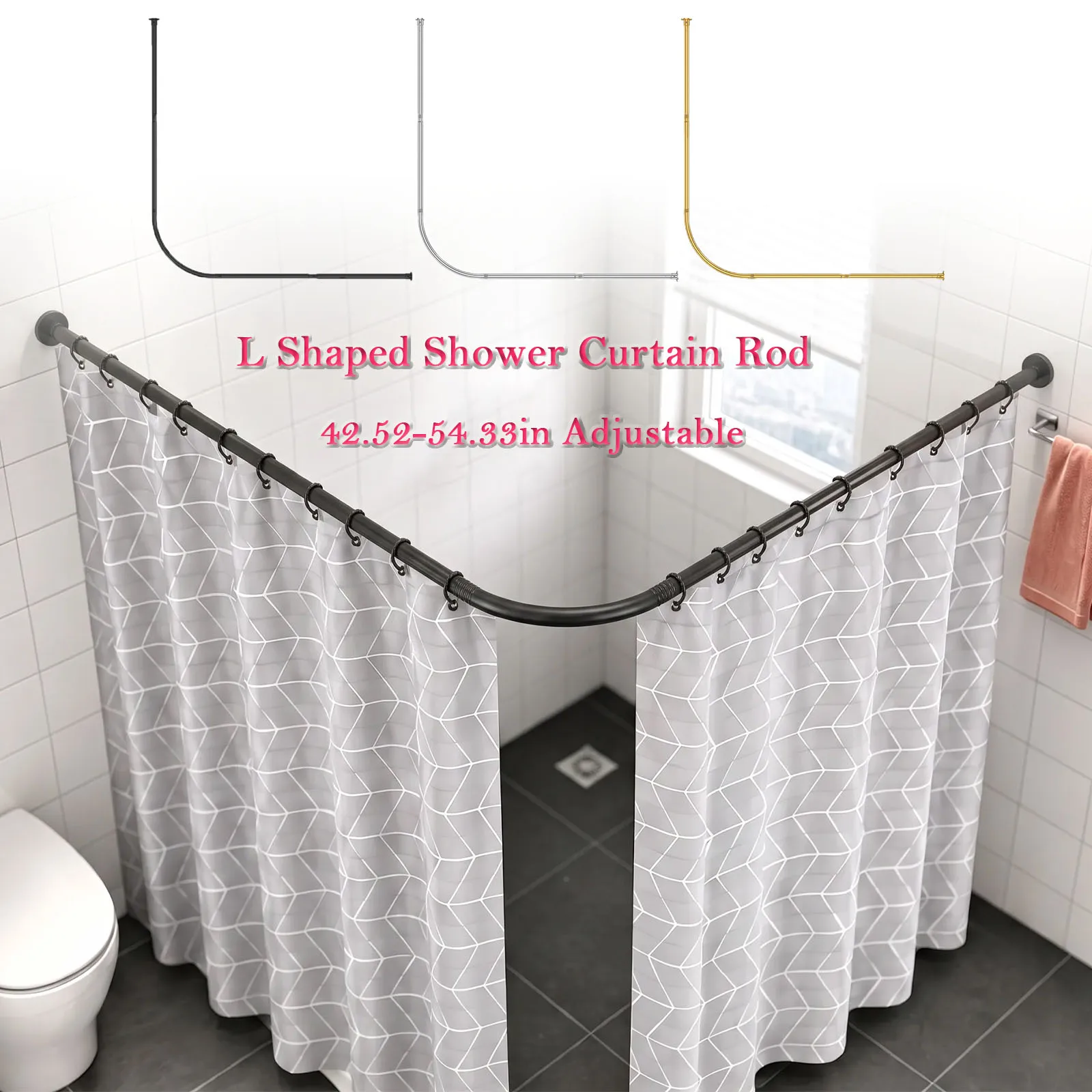 L Shaped Shower Curtain Rod 42.52-54.33in Adjustable Stainless Steel Telescopic Rod Drill Mount Setup Corner Shower Curtain Rod