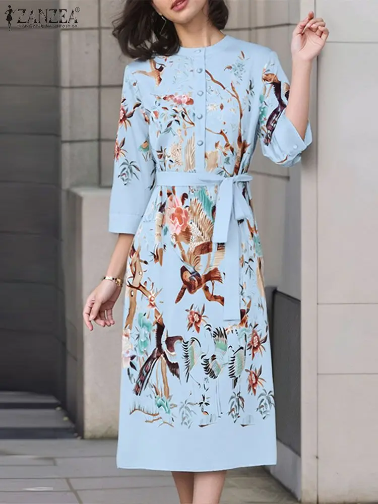 ZANZEA-Robe mi-longue imprimée à col rond pour femmes, Robes de style chinois, Vintage, Manches 2024, Robe longue, Vacances éducatives, Robes d'automne à boutons, 3/4