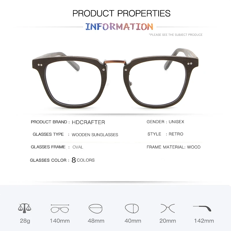 HDCRAFTER Prescription Eyeglasses Frames Wood Grain Optical Glasses Frame with Clear Lens Men Women Wooden Glasses Frames