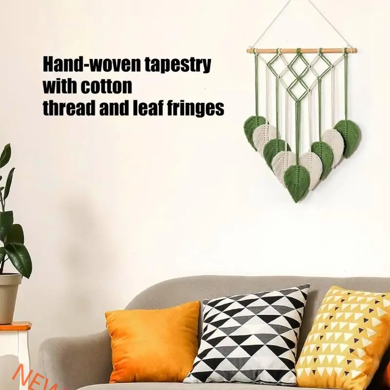 Macrames Wall Decors Cotton Handwoven Hanging Tapestry With Wooden and Fringes Tassels Leaf Theme Bedroom Accent