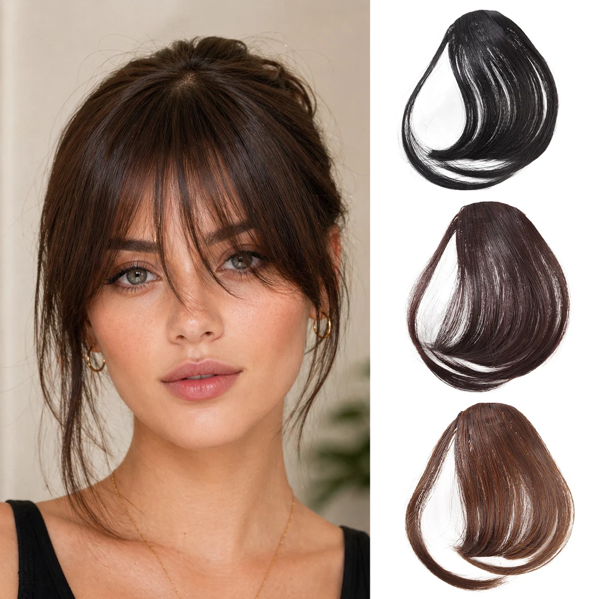 Synthetic oblique bangs clip hair, women's forehead extension with sideburns naturally curved curly hair