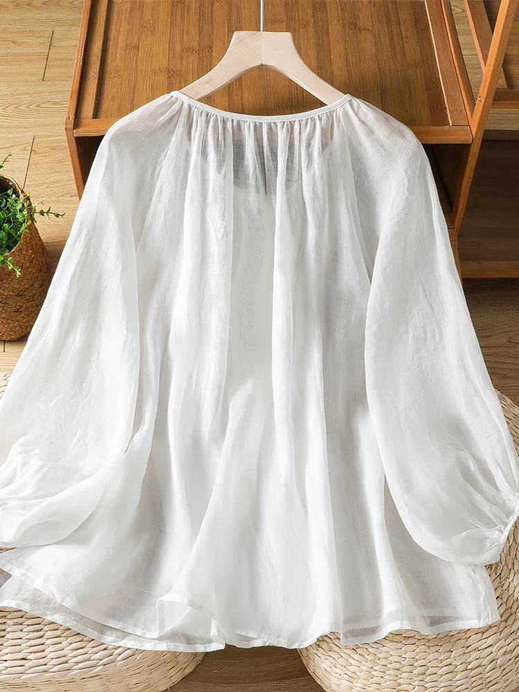 Summer Lace-Bordered Loose Women's Shirt with Lantern Sleeves And Belt High-End Japanese Style White Cover-Up Versatile for All view 4