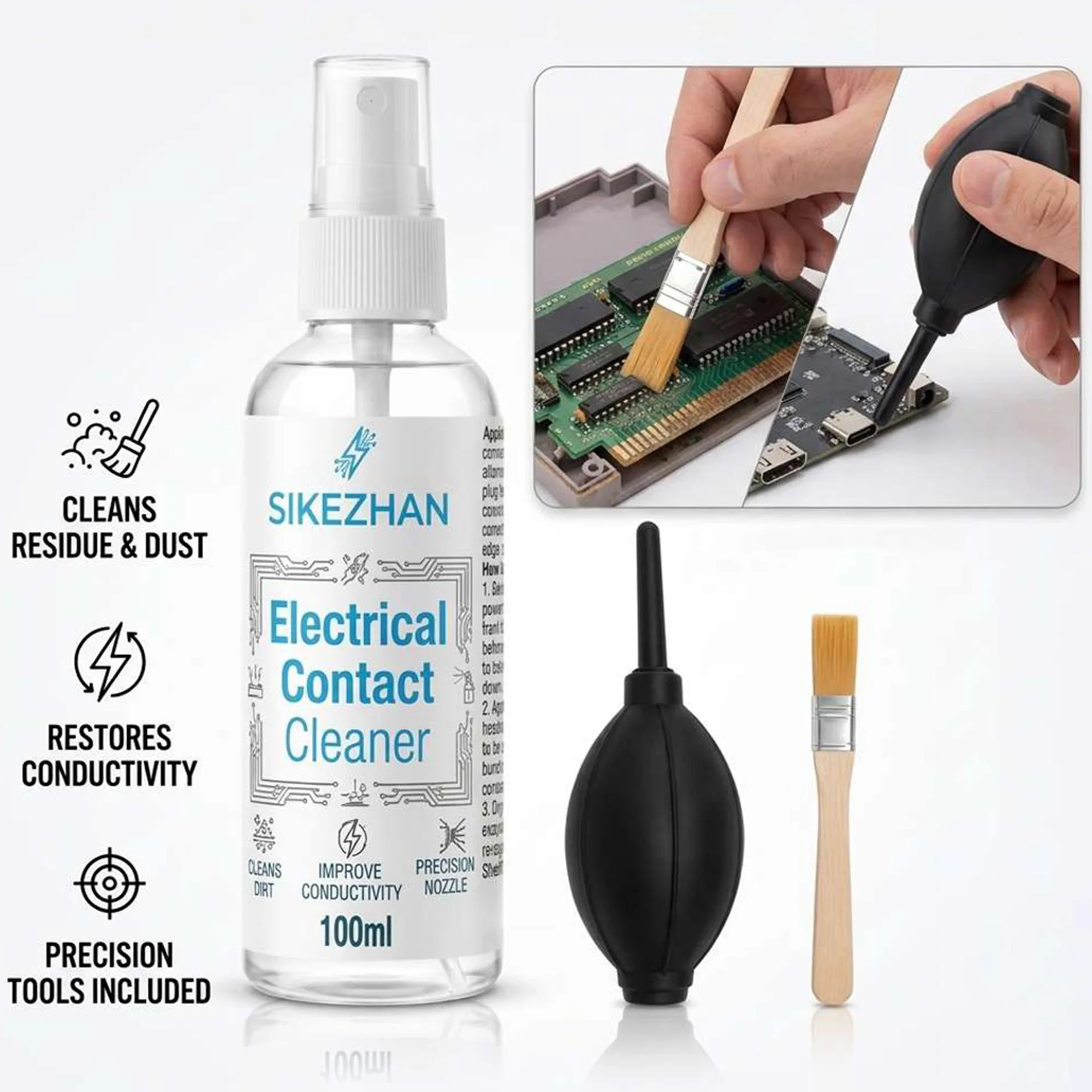 Fast Drying Electrical Contact Cleaner Spray for Electronics PCB Motherboard, Precision Maintenance Kit with Air Blower Brush