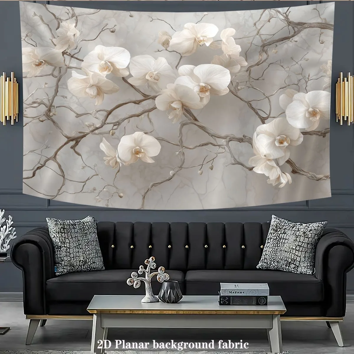 Luxurious White Orchid Floral Tapestry Wall Hanging Fabric Background Decor Art Polyester Print for Living Room Home Decoration