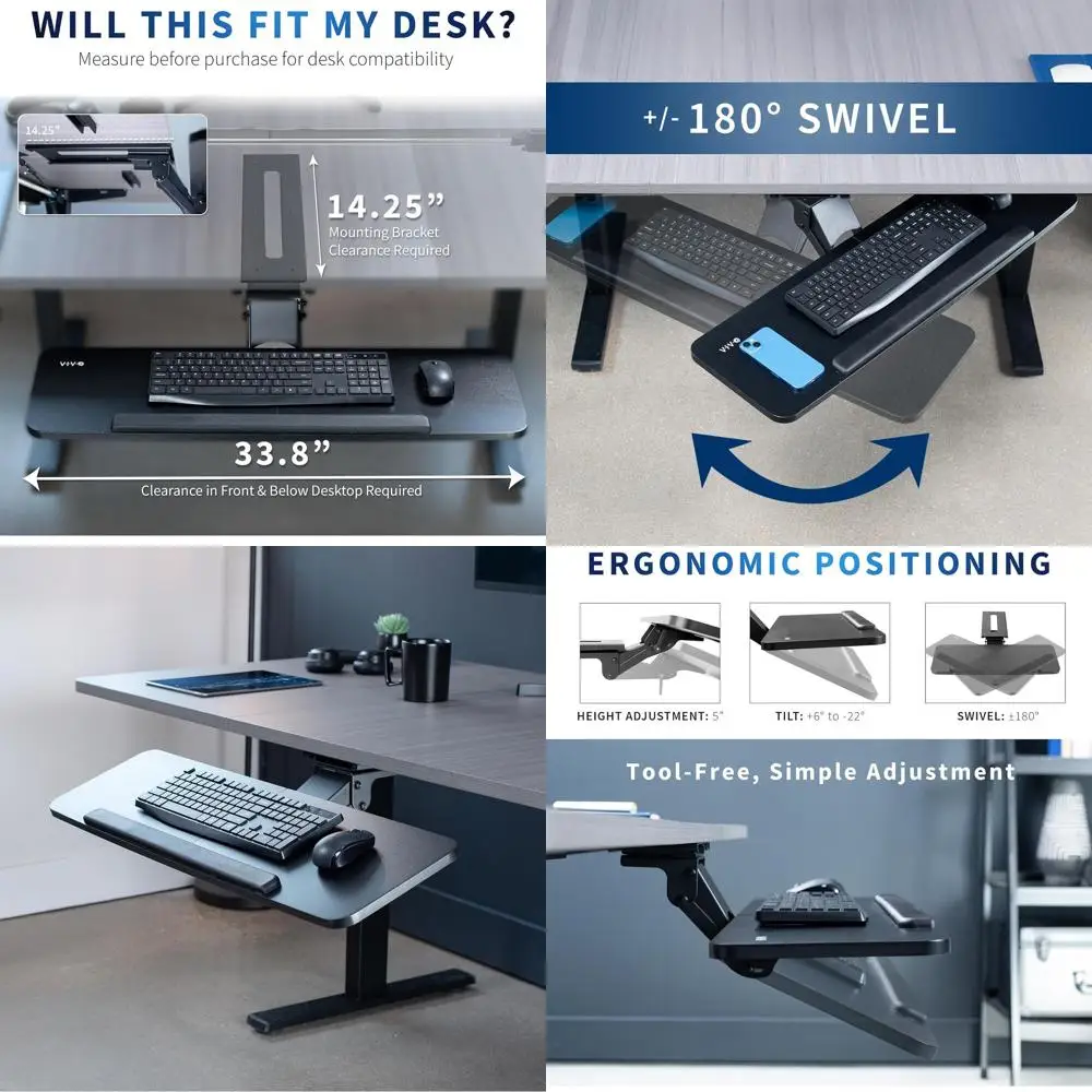 

Регулируемый поднос для компьютерной клавиатуры и мыши VIVO, эргономичный 34 x 10-дюймовый ящик для крепления стола, полка для стола,