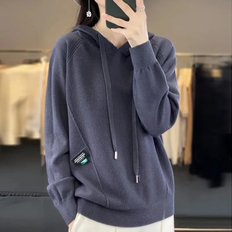Korean Hoodies Cashmere Sweater 2024 New Spring Autumn Loose Solid Women\'s Hooded Knitted Pullover Women Casual Knitwear Tops
