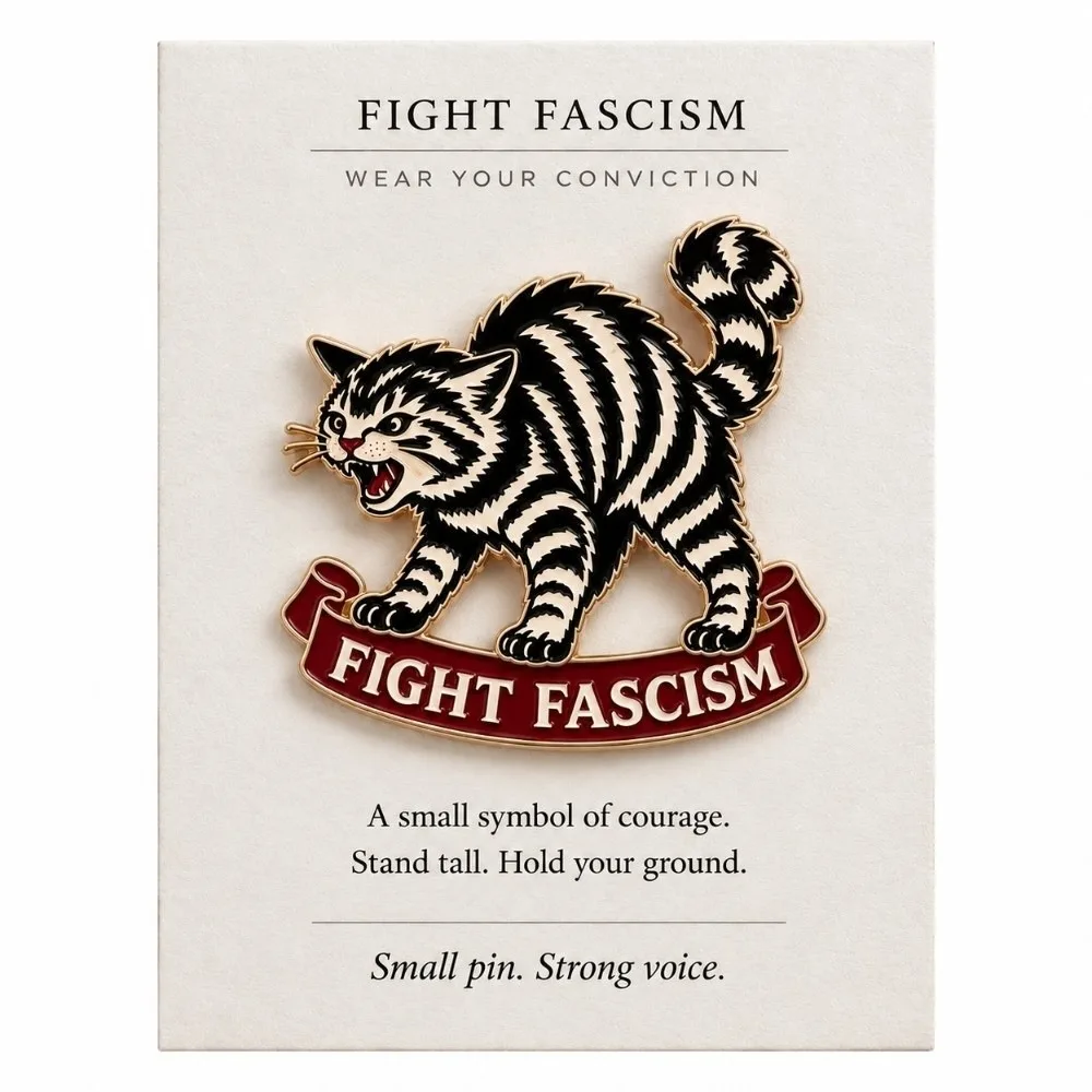 Enamel Fight Fascism Cat Pin Striped Cat with Red Banner Anti Fascist Brooch Bold Statement Tattoo Flash Lapel Pin Art Accessory