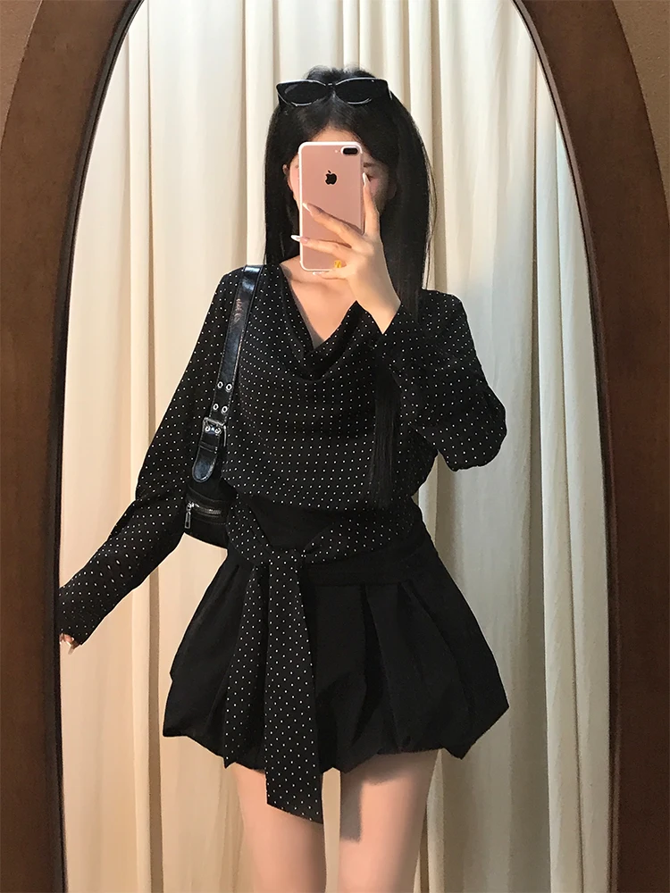 Effet minceur Long Sve à pois irt femmes col Ele Swing Neline Faionable début automne nouveauté