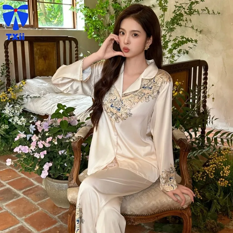 Ice Silk Pajamas Women's Spring and Autumn Long Sleeve Internet Popular 2024 New High-end Summer Thin Home Clothes suit