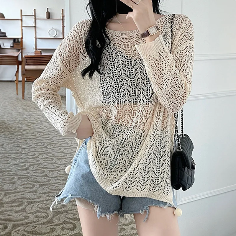 Crochet Tunic Top with Side Slit Pompom Long Sleeve Pointelle Knit Pullovers Cover-up Jumper Women Teen-girl Boho Beach Outfit