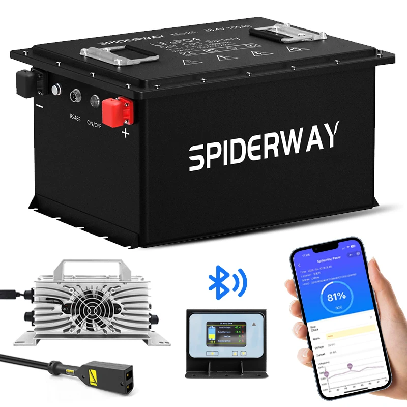 36V 105Ah Lithium Battery, Built-in Smart 200A BMS, with Touch Monitor & Mobile APP, 15000+ Cycles Rechargeable LiFePO4 Battery, Max 7.68kW  Power Output, Perfect for Golf Carts &  25A Battery Charger