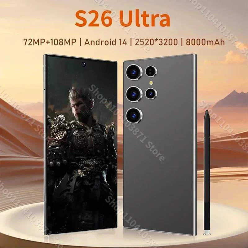 Nuevo teléfono inteligente S26 Ultra reconocimiento facial 7,3 pulgadas HD 5G Snapdragon888 Gen3 16GB + 1TB Android14 8000mAh 70 + 108MP teléfono móvil