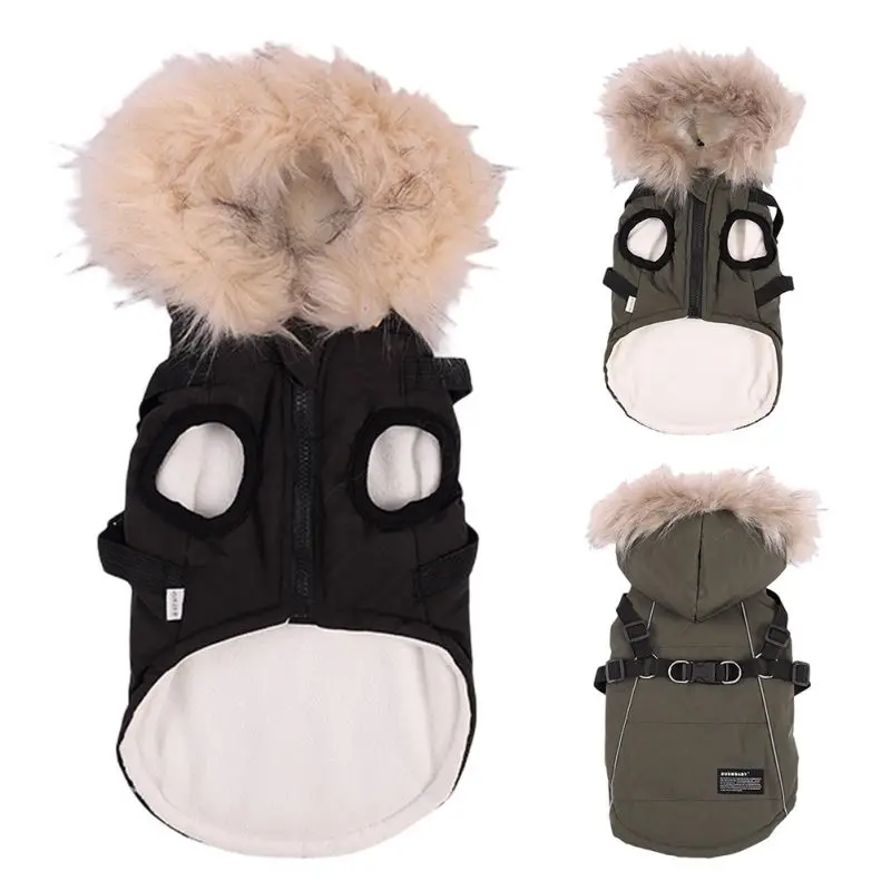 Autumn Winter Warm Pet Dog Jacket With Harness Hooded Dog Padded Coat with Imitation Fur Hat For Small Medium Dogs Puppy Coat