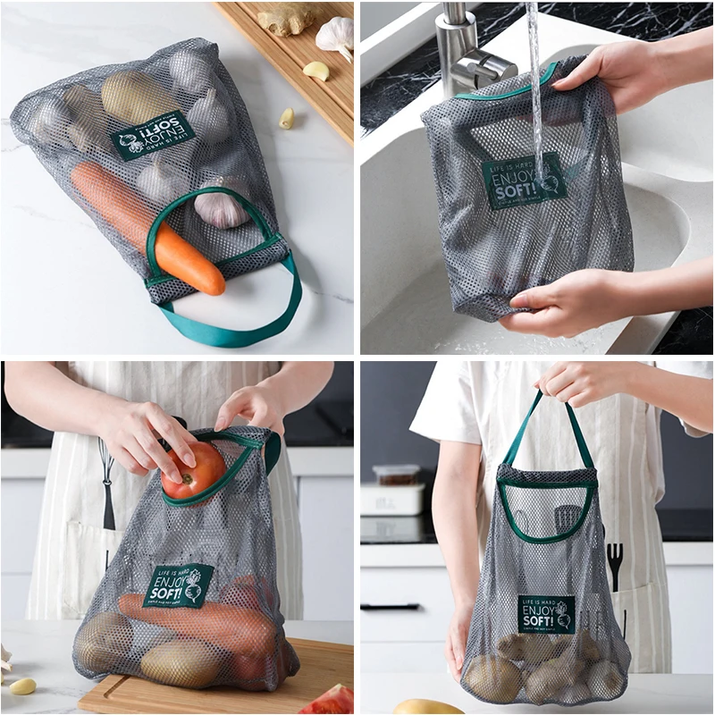 Kitchen Fruit Vegetable Storage Mesh Bag Wall-mounted Sundries Storage Bag Organize Portable Breathable Hanging Holder