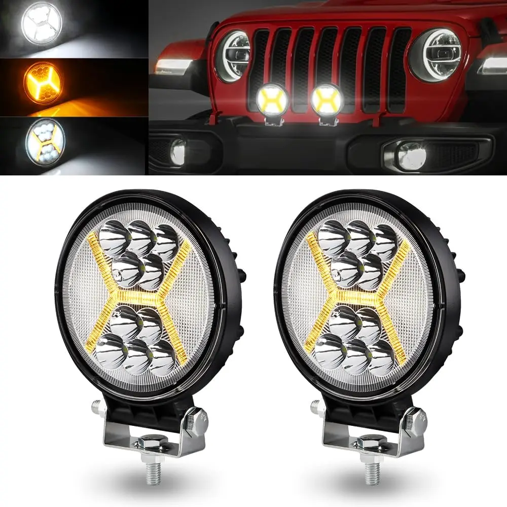 

2PCS 72W Round LED Pod Light Bar,Off Road LED Work Light with 4.5 Amber Strobe Light Off Road Spot Flood Combo Beam Off 12V-36V