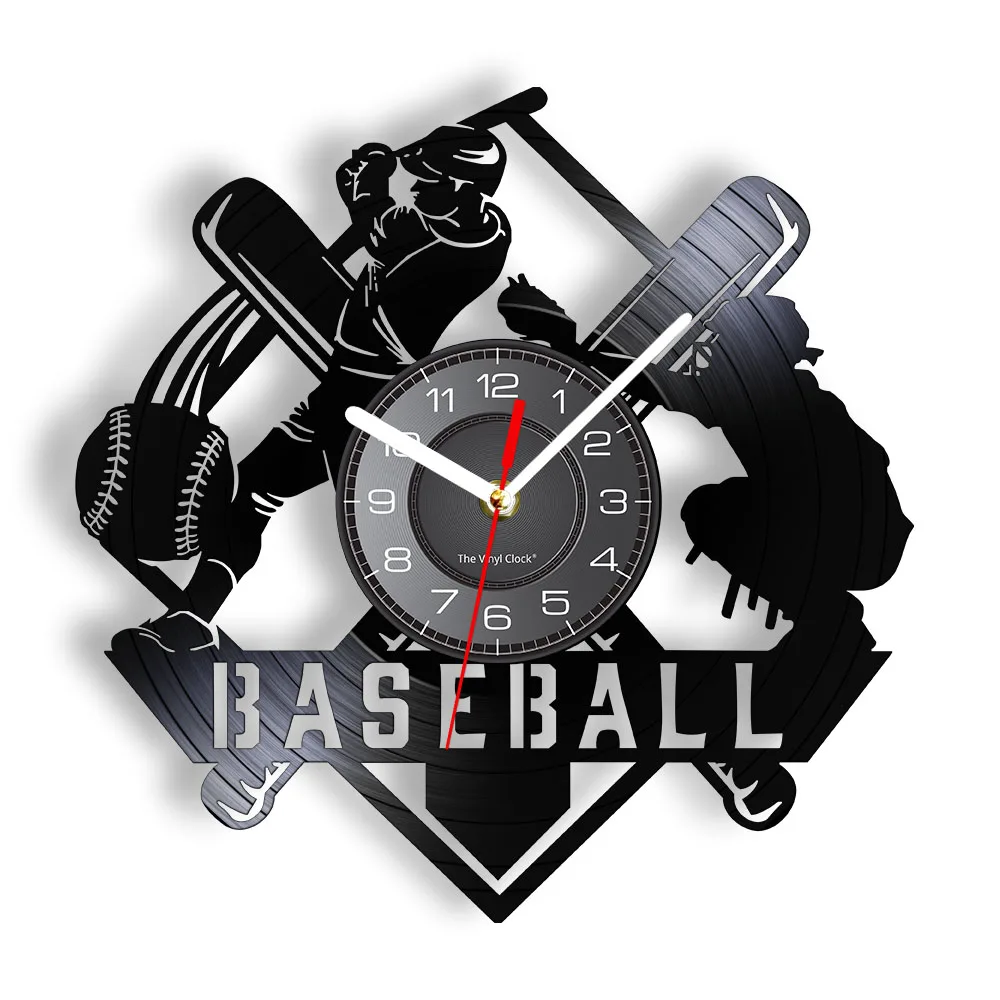 Baseball Game Hitter and Catcher Wall Art Wall Clock Baseball Players Vinyl Record Wall Clock Softball Decorative Wall Watch