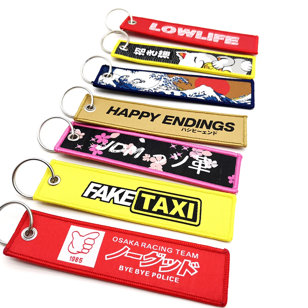 Newest JDM Keychain Car Culture Fashion Tags Embroidered Short Cloth Rectangle Polyester Auto Holder Charm KeyRing Fake Taxi