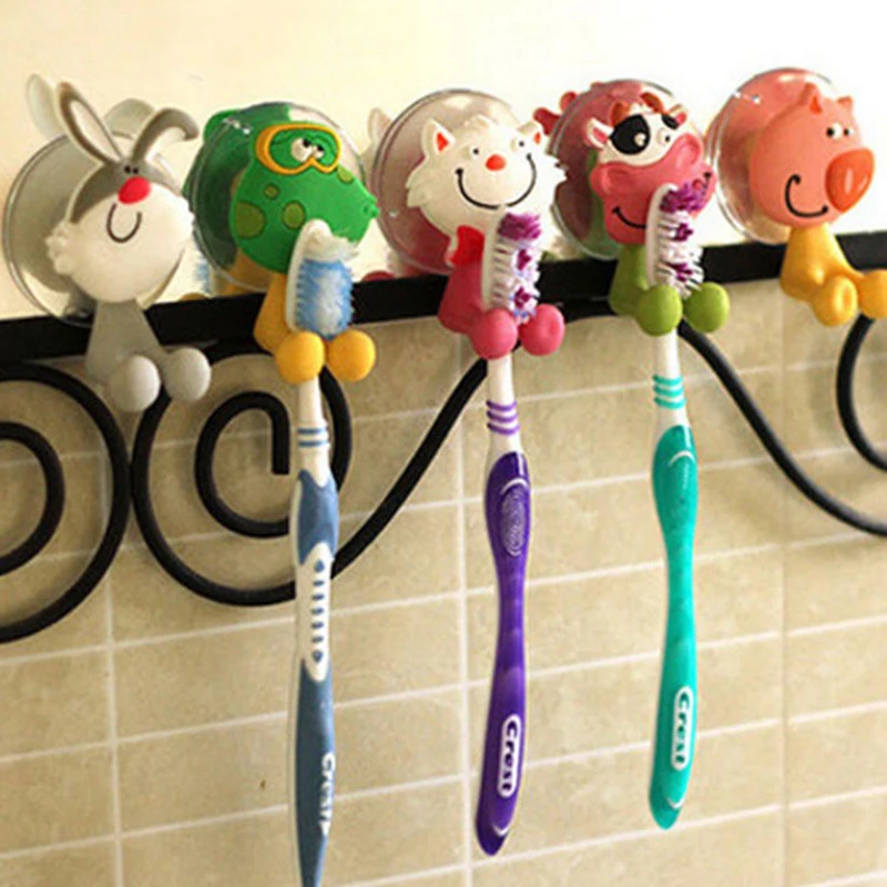 Cartoon Animal Toothbrush Holder Wall Mounted Antibacterial Tooth Brush Storage Rack With Suction Cup Bathroom Organizer