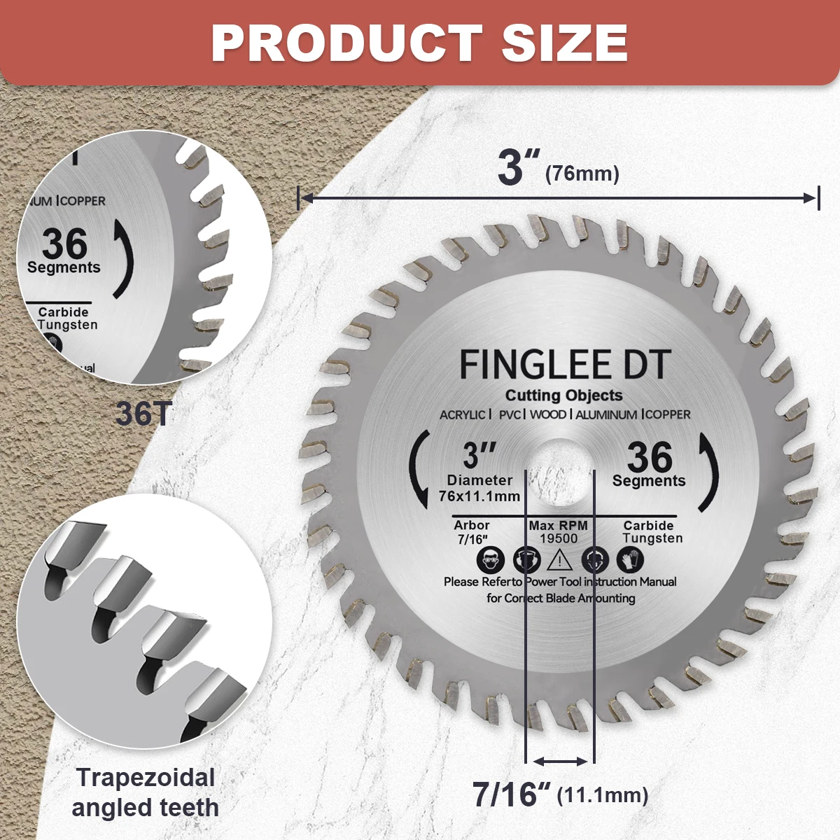 76mm 3in 24T/36T inner 11.1mm TCT Woodworking Mini Circular Saw Blade Acrylic Plastic Cutting Disc General Purpose for Wood