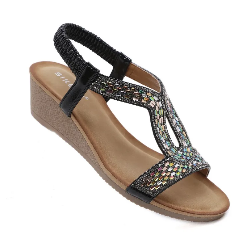 Women Sandals Summer Shoes PU 5CM Wedges Shoes Bohemian Shallow Elastic Band Fashion Sloping Heel Shoes for Woman Black