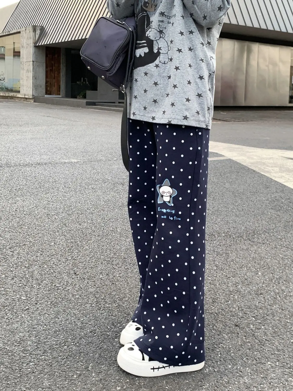 Y2k خمر 2000s البولكا نقطة سراويل تقليدية لطيف الكرتون الباندا طباعة مضيئة الكورية نمط لعوب الشارع موضة Harajuku فتاة شابة #6