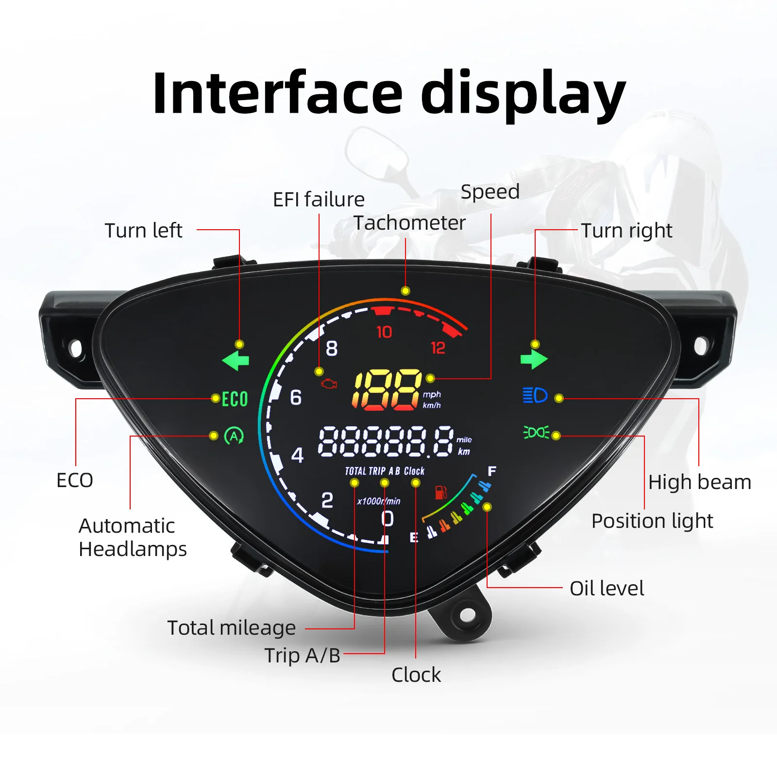 

Motorcycle Speedometer Digital Speed Mileage Meter Trip ECO RPM Tachometer Clock Fuel Gauge Turn Light For YAMAHA MI0100 SPORTY
