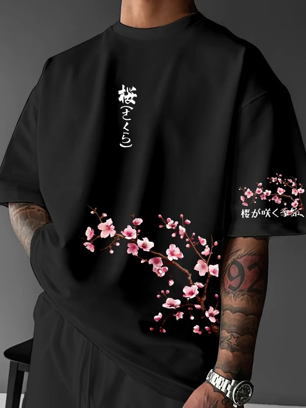 New American men's summer cherry blossom branch letter print micro elastic breathable round neck T-shirt outdoor urban street to