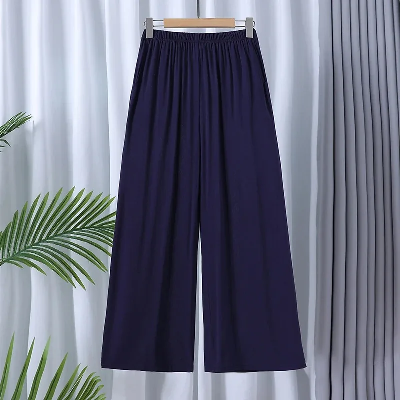 Elderly Women Elastic Waist Linen Nine Points Wide Leg Pants Summer Thin Loose Plus Size Casual Mom Culottes