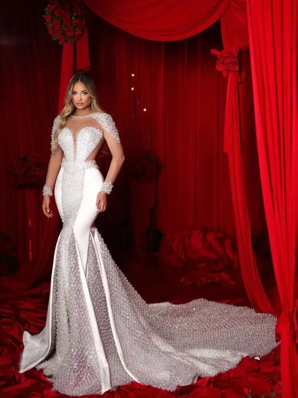 Unique Pearls Dazzling Mermaid Long Wedding Dresss Illusion Sleeves Charming Bride Wear Customized Dainty Satin Bridal Gown