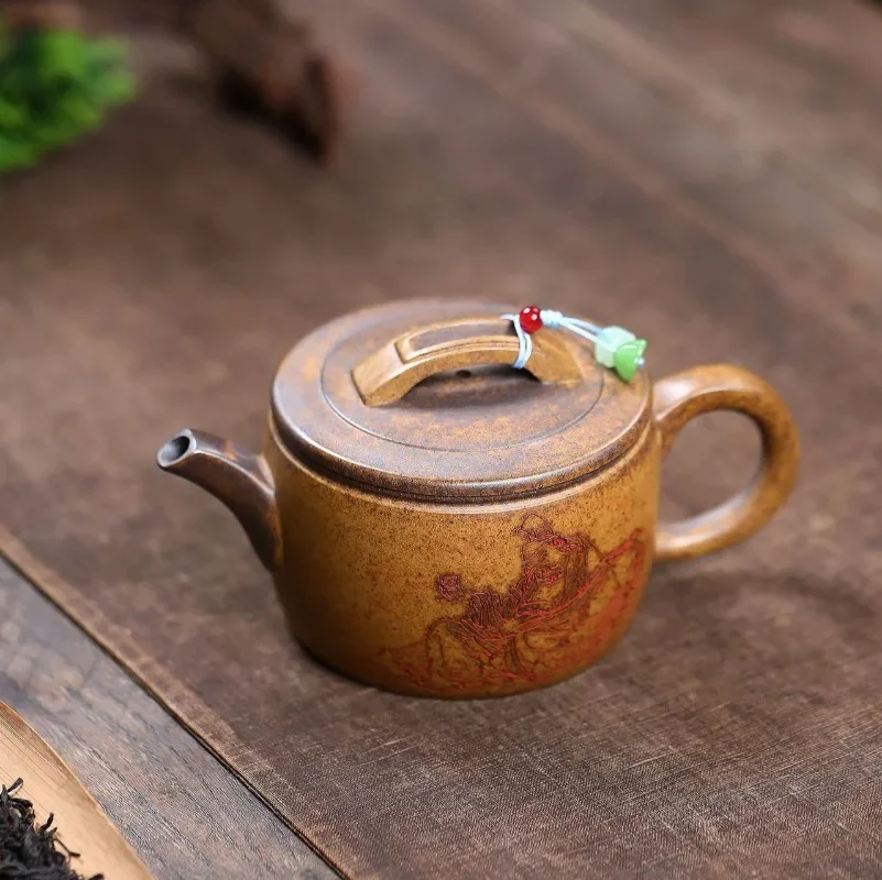 320ml Handcrafted Yixing Zisha Teapot Made From Raw “Dragon Bone” Gold Sand Clay: “Drunken Taibai Tile Teapot