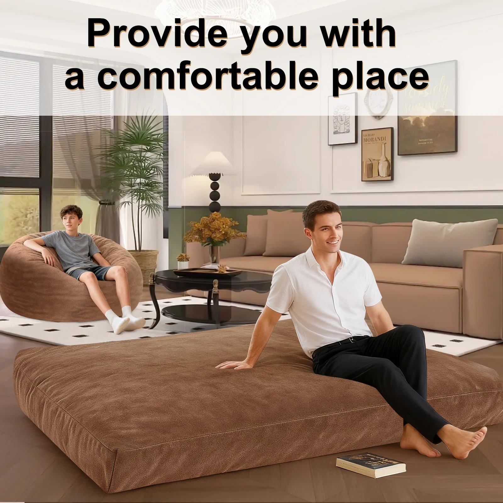 大人サイズの巨大なビーンバッグソファベッド、ビーンバッグチェア、柔らかいフランネル生地、学生用レジャーチェア、ブラウン