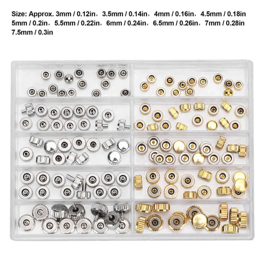 100pcs/set 3.0-7.5mm Alloy Watch Crown Parts Assorted Accessories Watch Repair Tool for Watchmaker