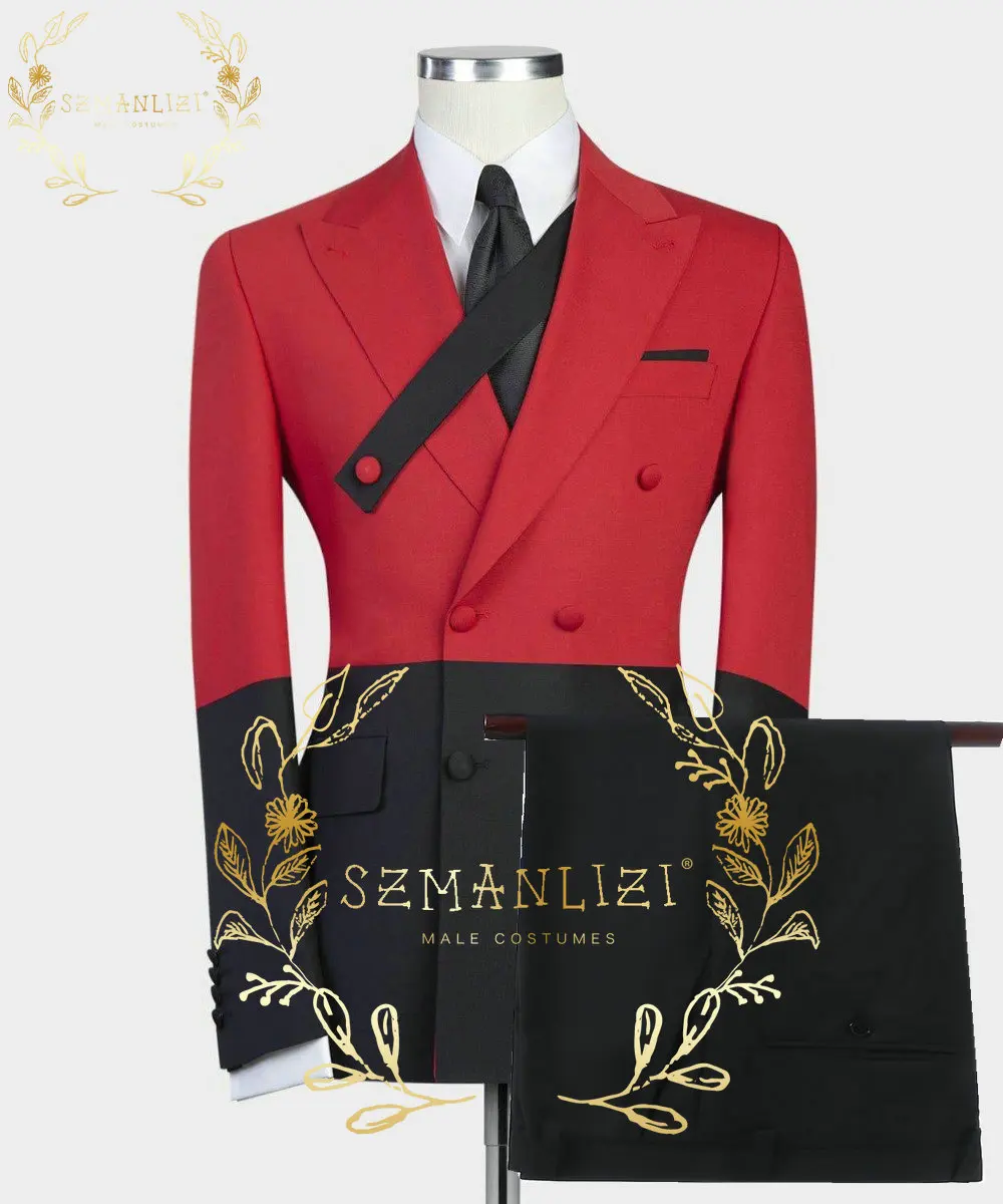 

2022 Red And Black Contrast Design Groom Tuxedos Double Breasted Men Suit Prom Wedding Party Mens Suits Costume ( jacket+Pants)