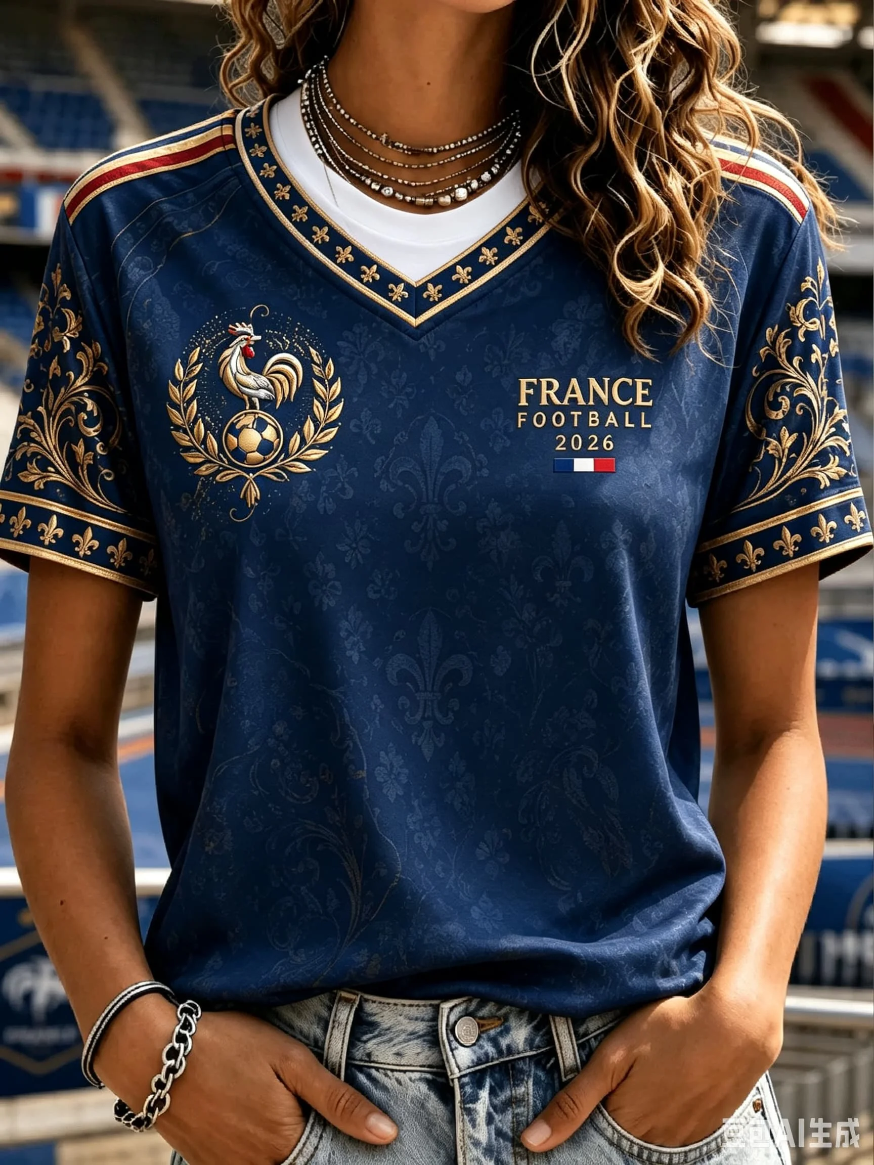 Women France V Neck Football Jersey Short Sleeve Big Rooster Print French Flag Cuff Blue White Block Fan Sports T-shirt Tees