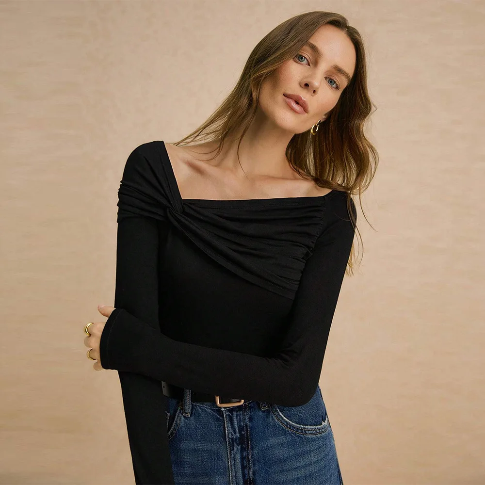Asymmetrisches Oberteil mit Wasserfallausschnitt und langen Ärmeln, gerafftes Detail, figurbetontes T-Shirt, sexy Western-Stil für Herbst, Frühling, Party, Ausgeh-Abend