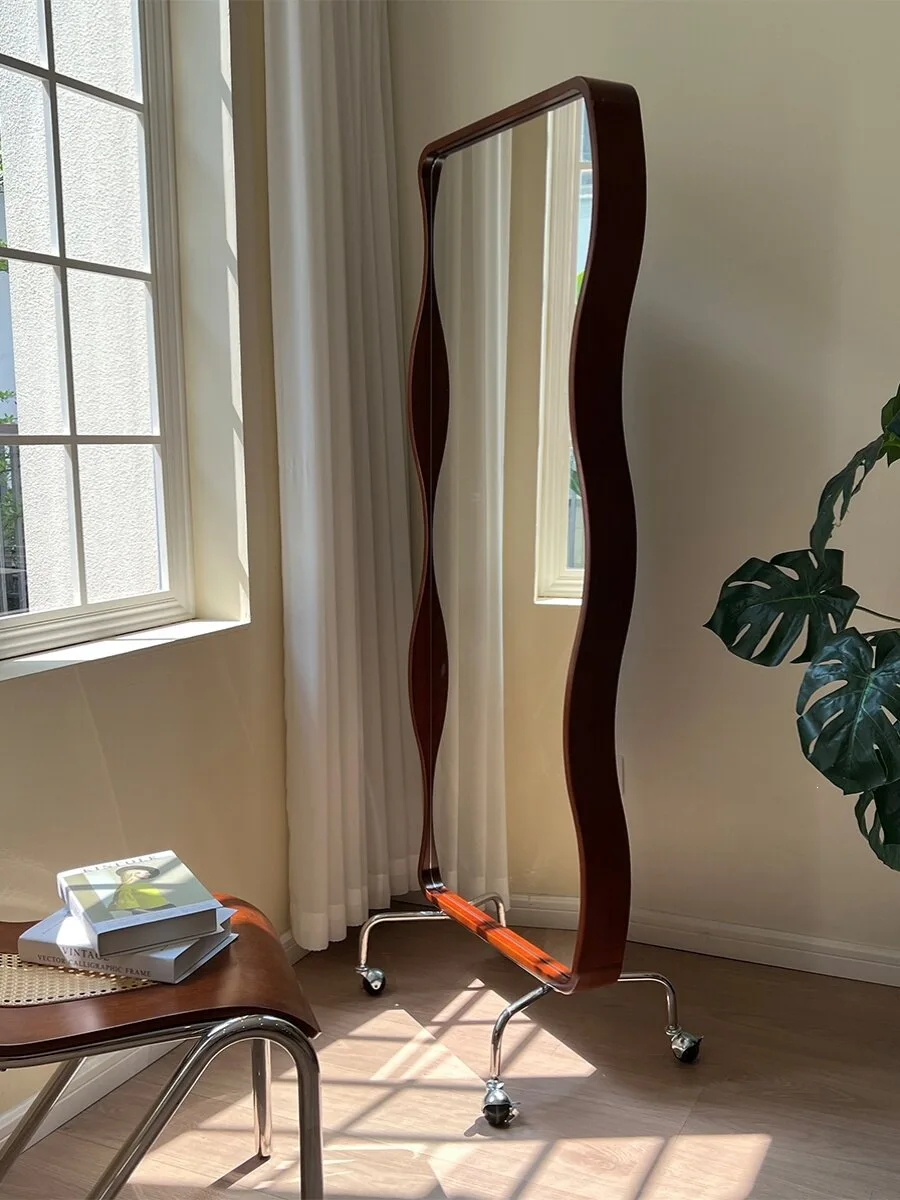 Floor-to-ceiling storage mirror, full body French retro home, solid wood in waves, move slightly