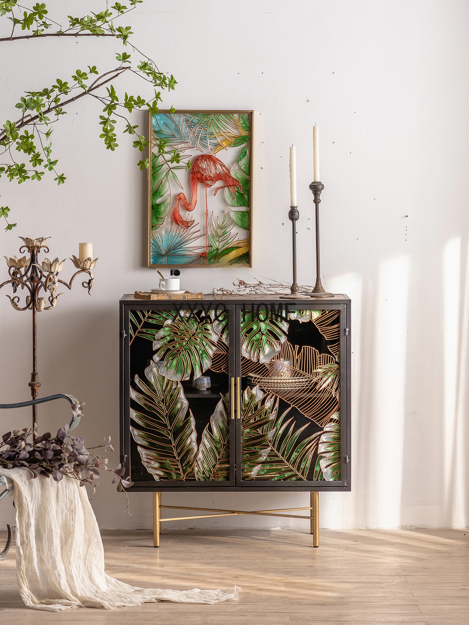 

American Retro Entrance Cabinet Shoe Cabinet Hand Painted Living Room Glass Cabinet Solid Wood Sideboard Locker