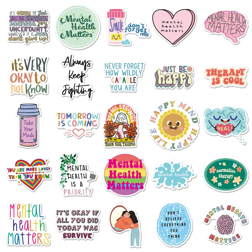 50 قطعة من ملصقات مجلة الصحة العقلية - جرافيتي نصية إنجليزية إبداعية ملهمة، مقاومة للماء، مثالية (متجر Anime Worlds)